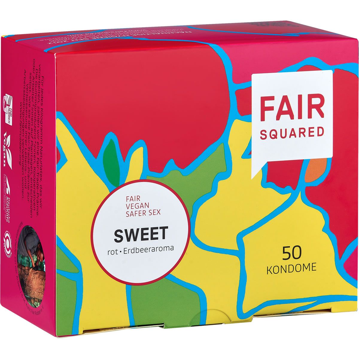 Verpackung mit 50 Fair Squared Kondomen, Sorte Sweet, Erdbeeraroma.