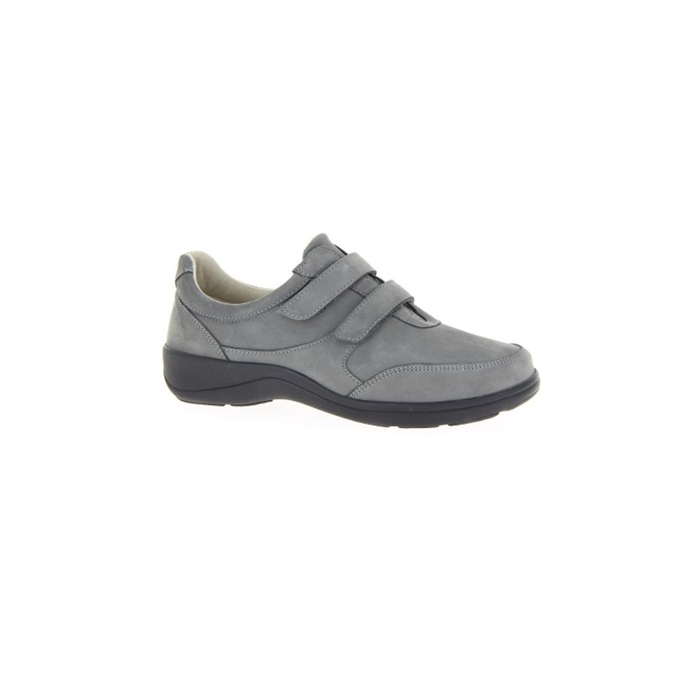 Grauer Klettschuh mit schwarzer Sohle. Zwei Klettverschlüsse. Marke Varomed.