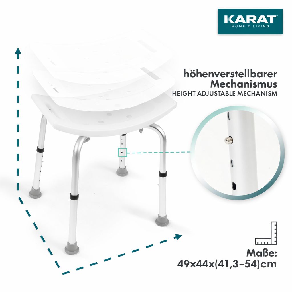 Duschhocker mit höhenverstellbarem Mechanismus. Maße: 49x44x(41,3-54)cm. Anti-Rutsch-Gummifüße. Weißer Sitz, silberne Beine.