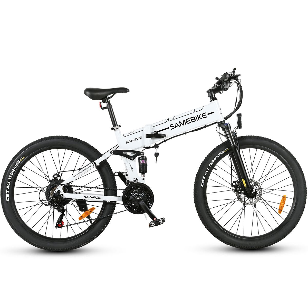 Faltbares E-Bike, weiß mit schwarzen Reifen. Marke SAMEBIKE. Schwarzer Sattel, Pedale und Lenker. CST ALL TERRAINS Reifen.