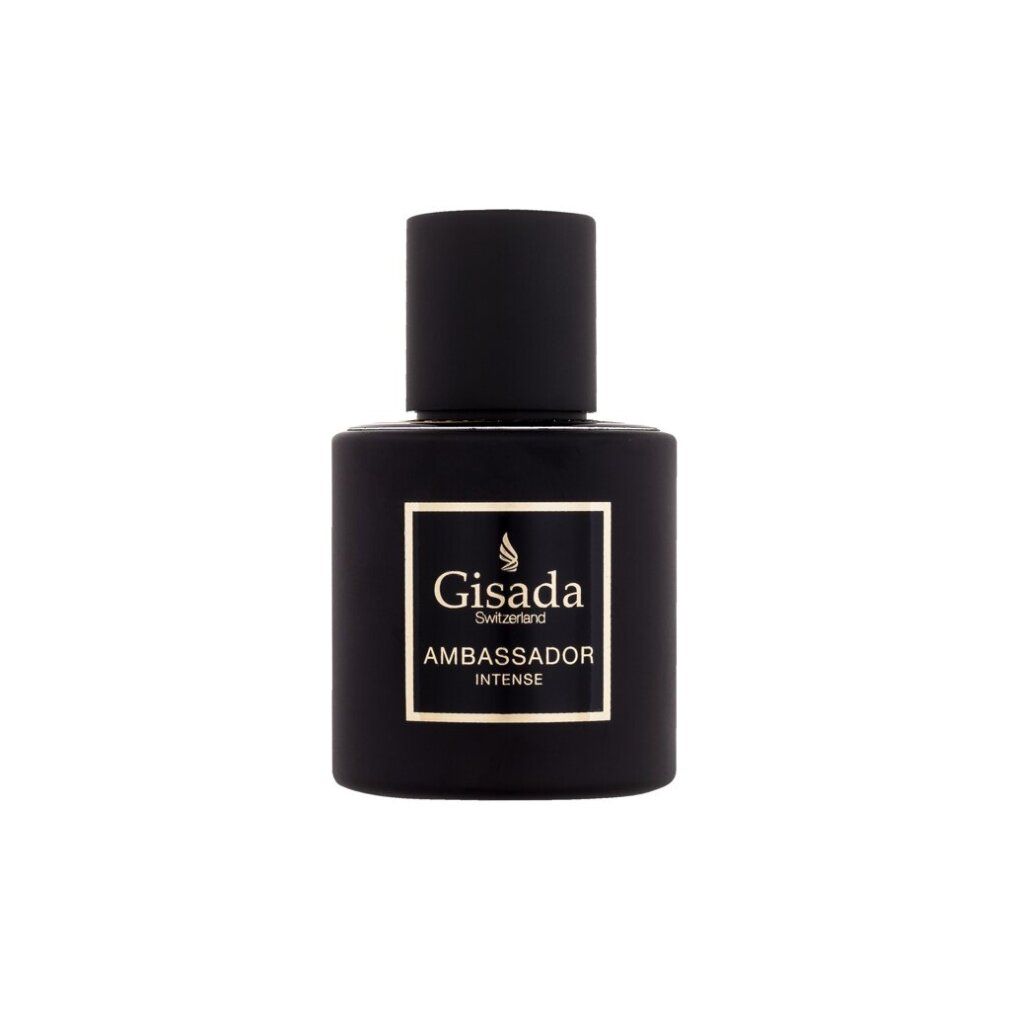 Schwarzer Flakon mit goldfarbenem Etikett. Aufschrift: Gisada Ambassador Intense. Schwarzer Deckel.