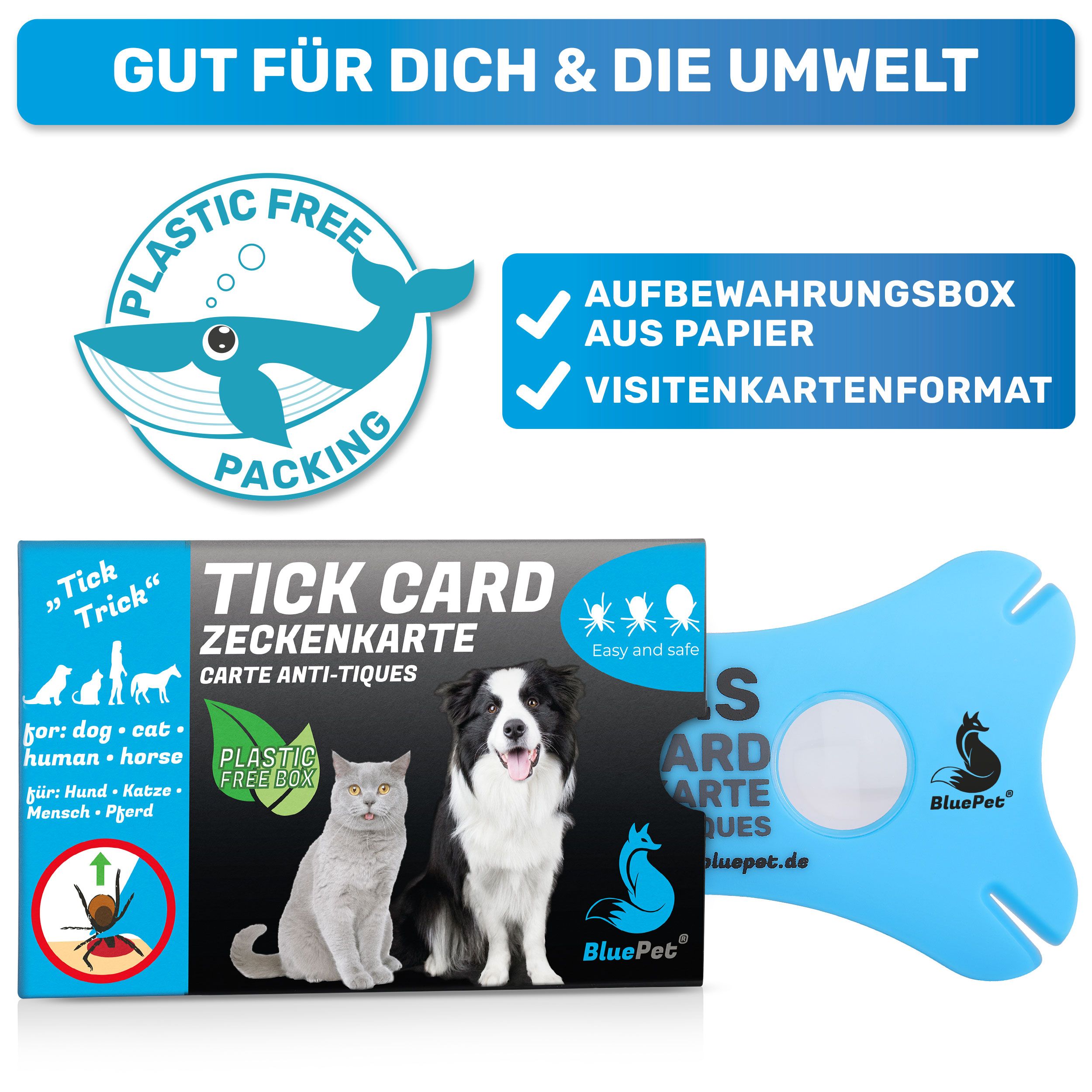 Zeckenkarte und Verpackung. Verpackung: Plastic Free. Text: Tick Card Zeckenkarte. Logo BluePet. Visitenkartenformat.