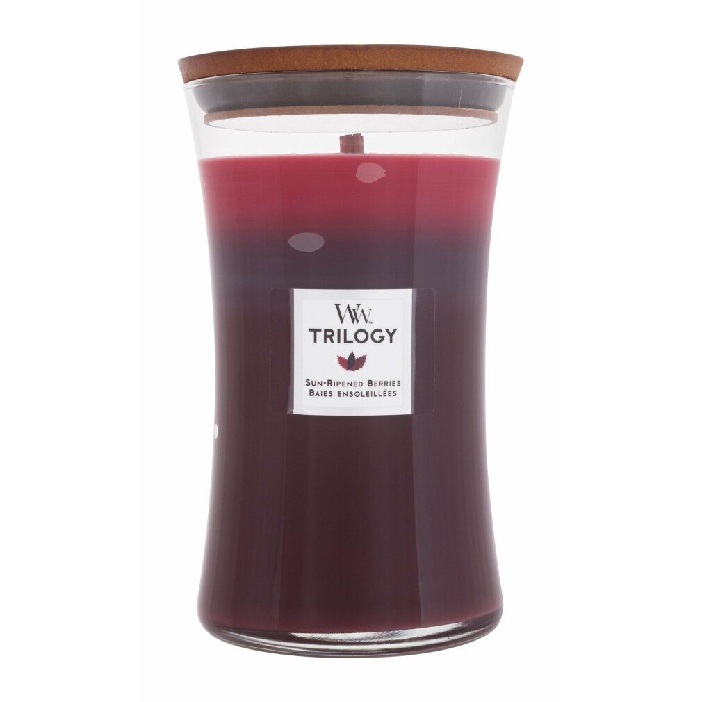 Kerze im Glas mit Deckel. Aufkleber "Ww Trilogy". Enthält "Sun-Ripened Berries".