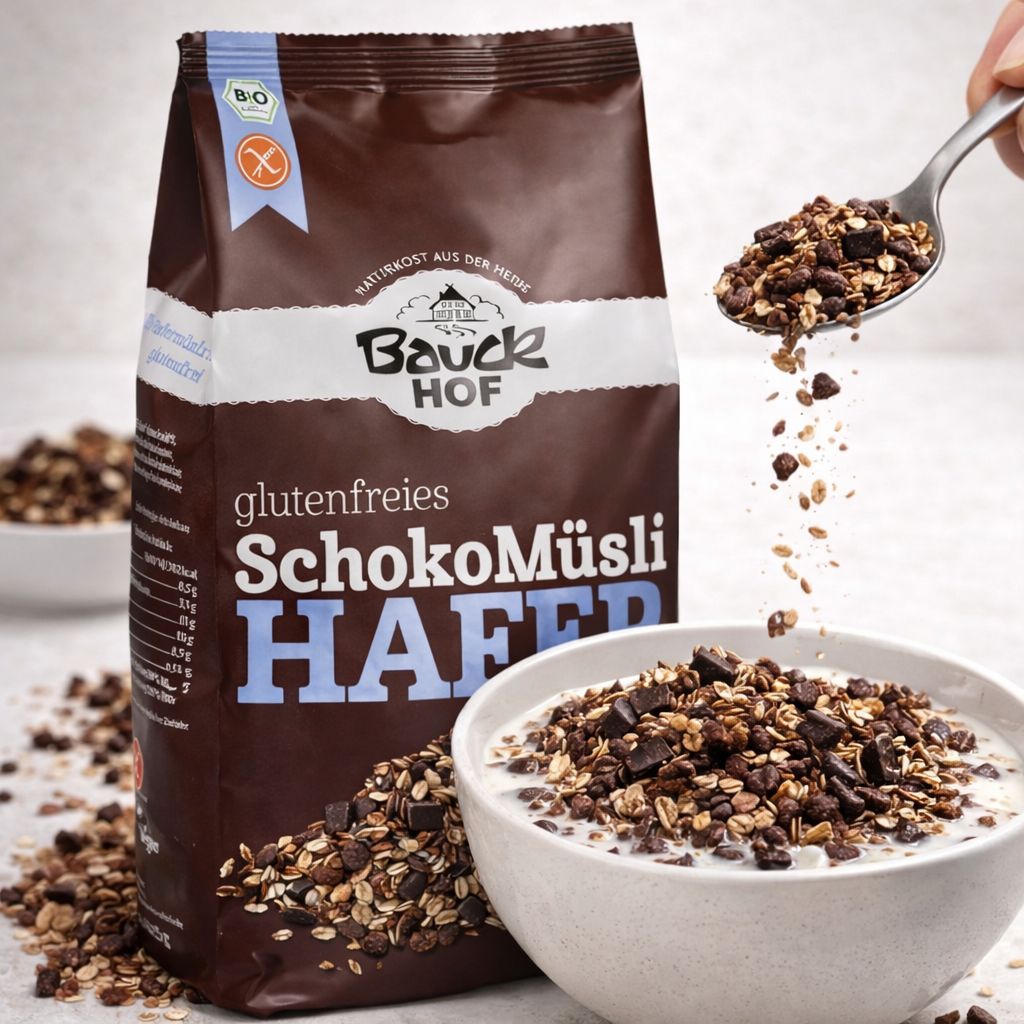 Bauckhof Schoko Hafer Müsli, glutenfrei, in brauner Packung mit Haferflocken und Schokoladenstückchen.