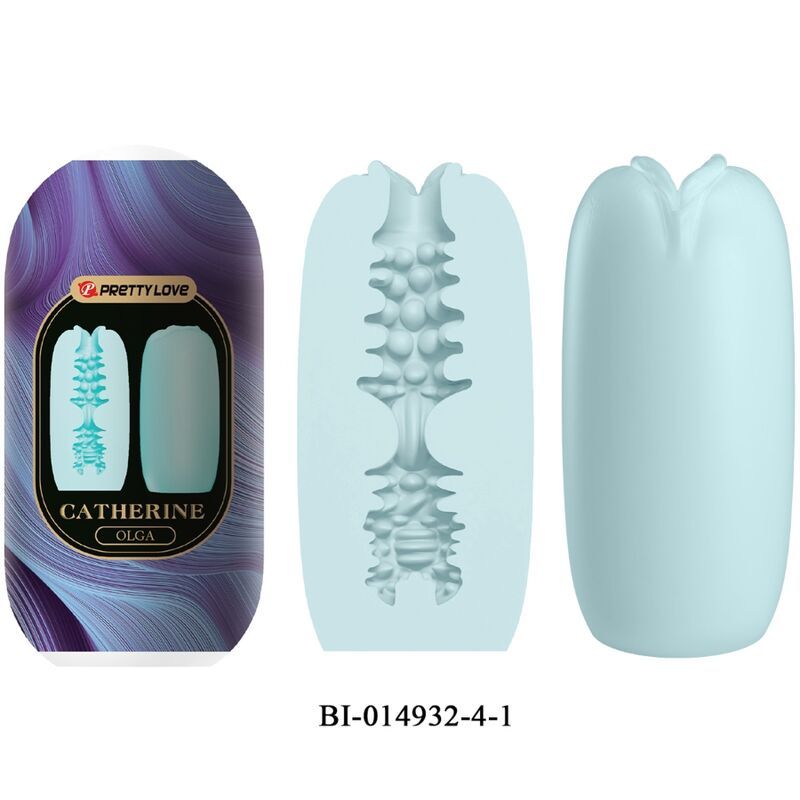 Drei Teile des Pretty Love - Olga Pack. Links: Verpackung mit Produktabbildung. Mitte: Innenstruktur. Rechts: Äußere Form.