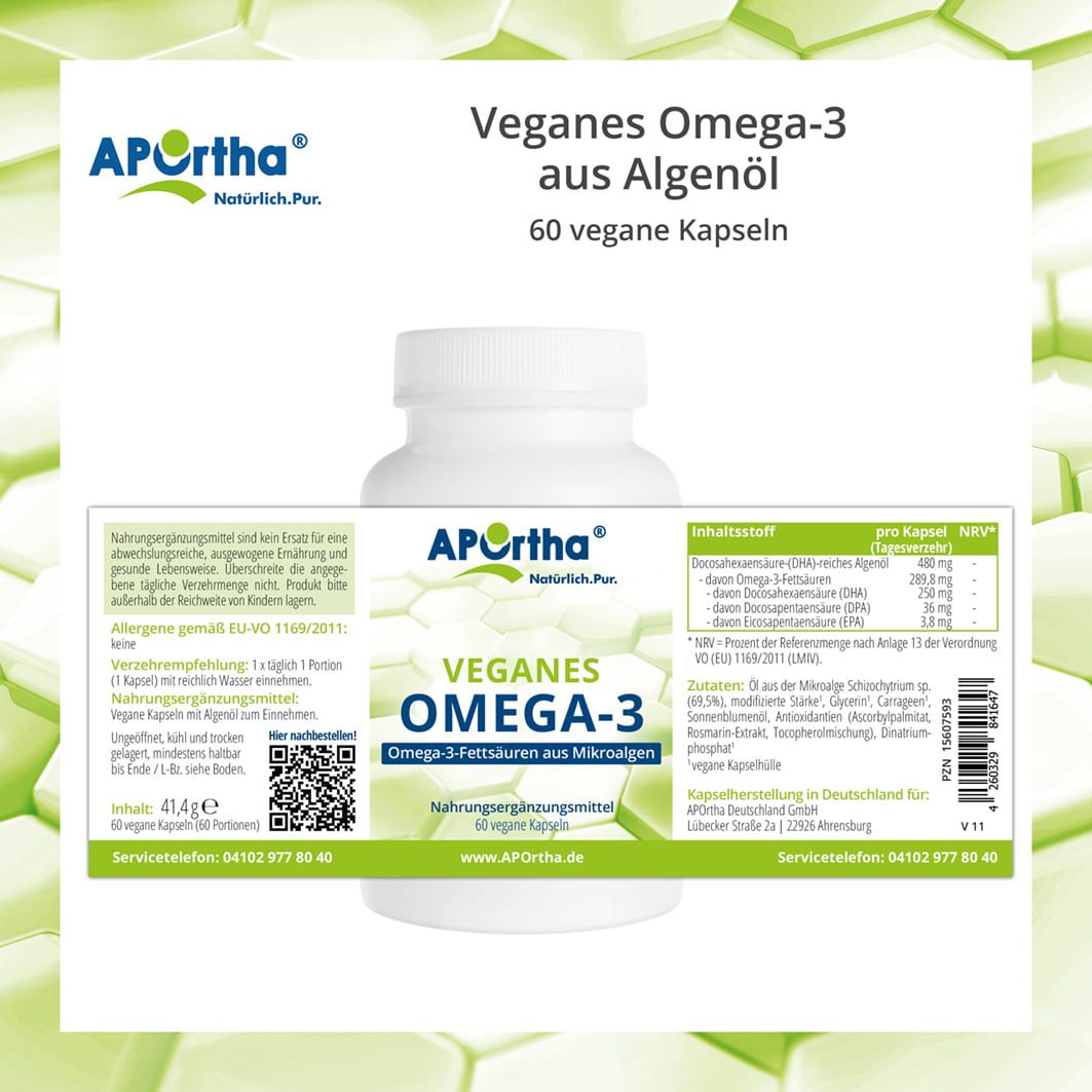 Weiße Flasche mit Etikett. Enthält Informationen zu veganen Omega-3-Kapseln, Inhaltsstoffen und Nährwertangaben. QR-Code.