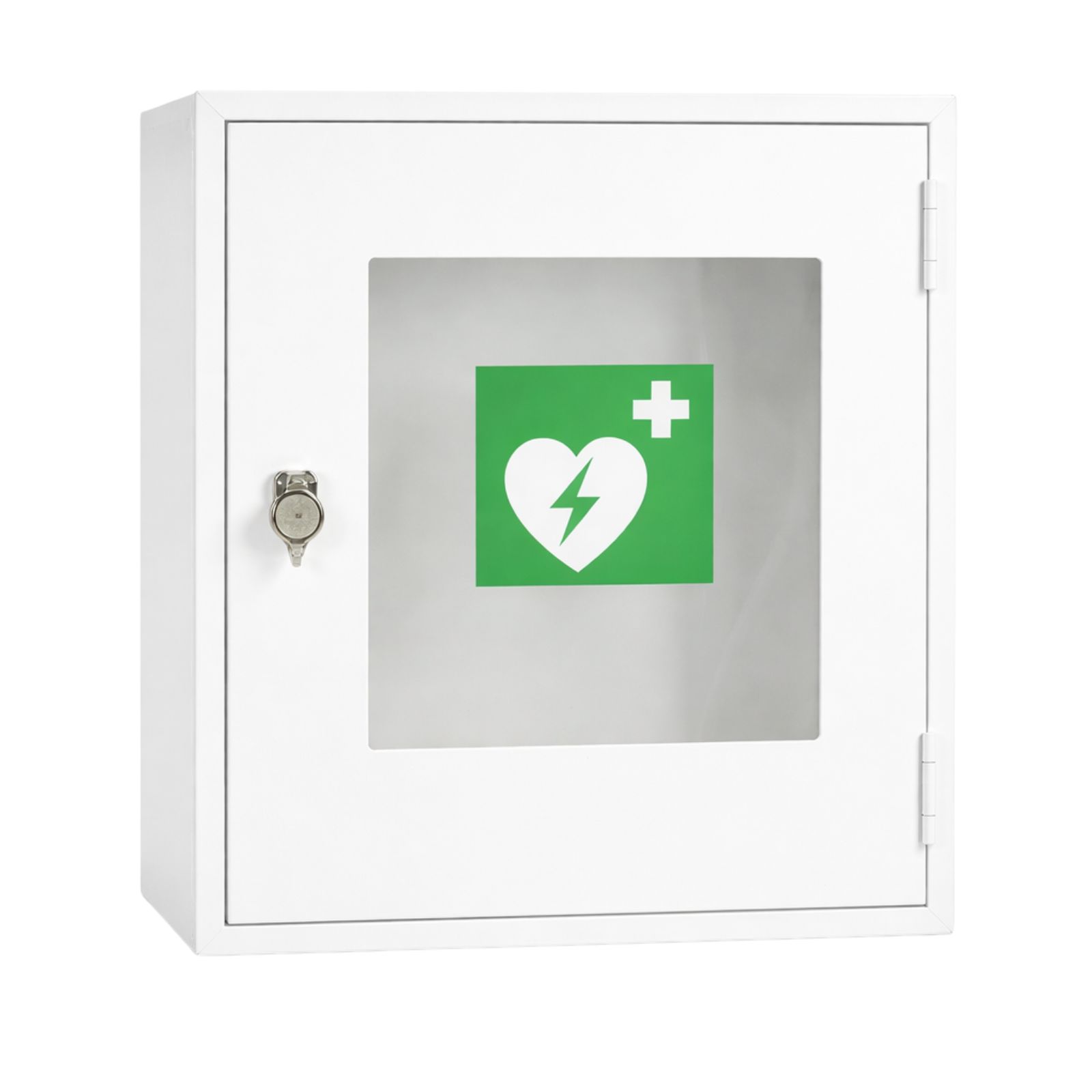 Weißer Metallschrank für AED mit Sichtfenster. Grünes Symbol mit Herz, Blitz und Kreuz. Tür mit Schloss.