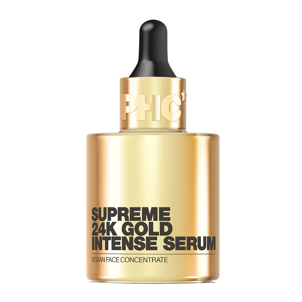 Goldene Serumflasche. Aufschrift: Supreme 24K Gold Intense Serum. Mit PHC-Logo.