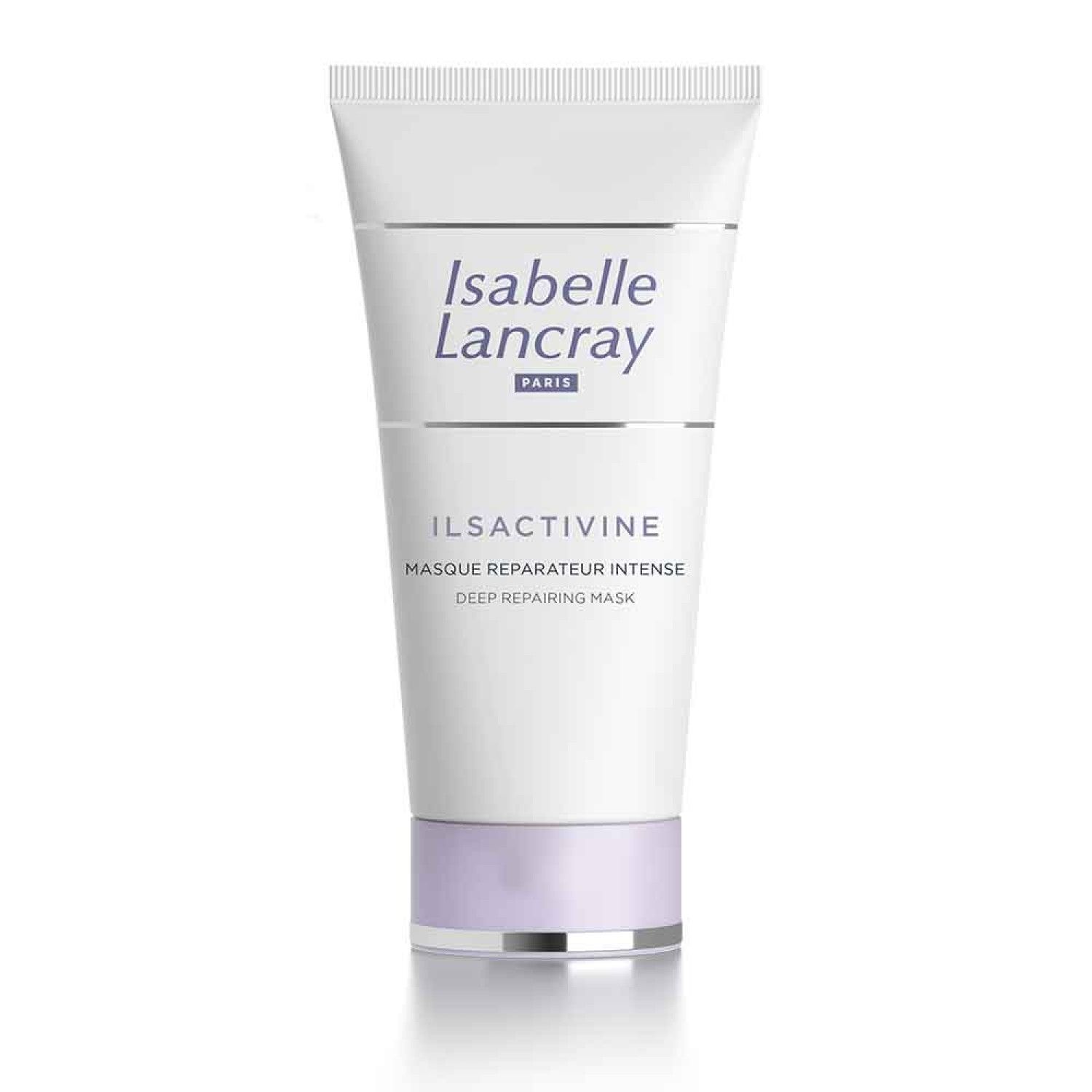 Weiße Tube mit Produktnamen und Schriftzug. Silberne und lila Akzente. Text: Ilsactivine Masque Reparateur Intense.