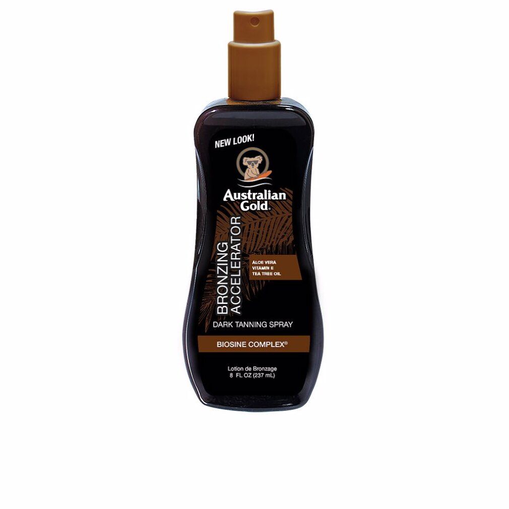 Braune Sprühgel-Flasche mit braunem Sprühkopf. Text: Bronzing Accelerator. Marke: Australian Gold.