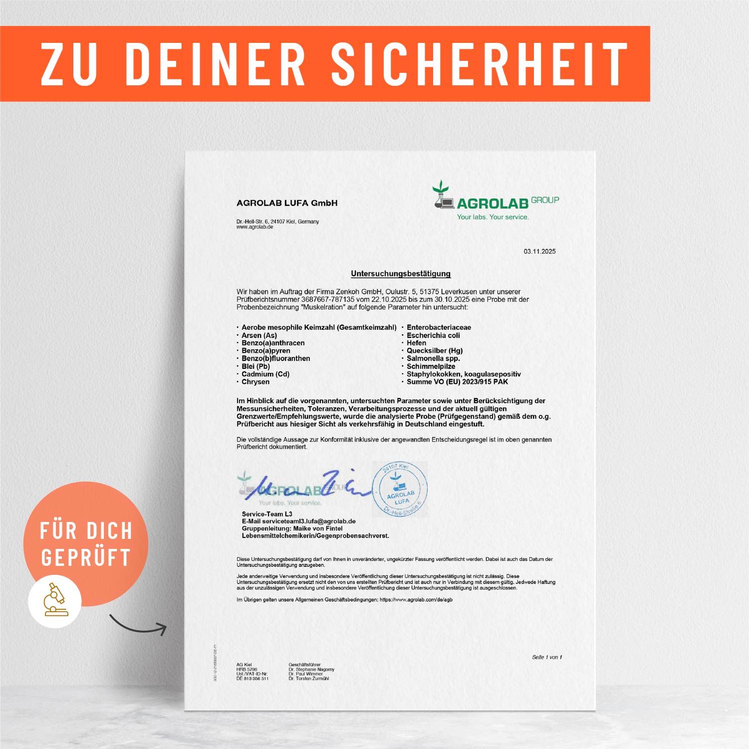 Zertifizierungsdokument. Text: ZU DEINER SICHERHEIT. Logo: AGROLAB LUFA GmbH. Unterschriften und Stempel. Text: FÜR DICH GEPRÜFT.