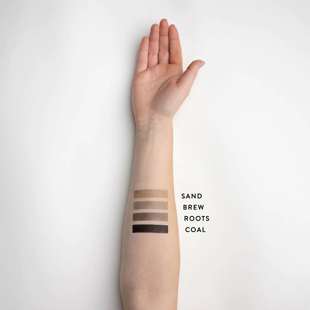 Arm mit vier Farbfeldern: Sand, Brew, Roots, Coal. Text daneben.