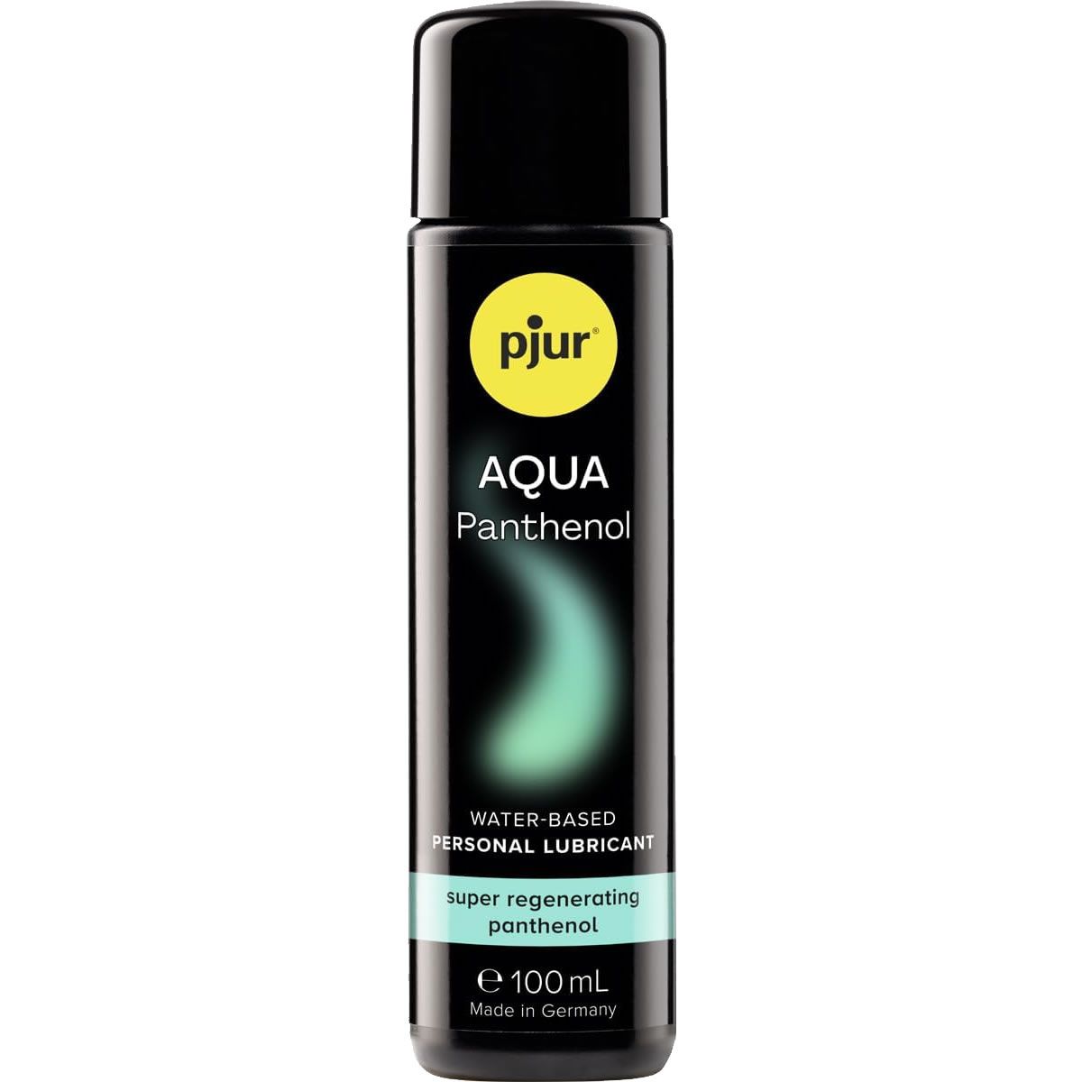 Schwarze Flasche mit schwarzem Deckel. Aufschrift: pjur AQUA PANTENOL. Wasserbasiertes Gleitmittel. Türkisfarbene Schrift.