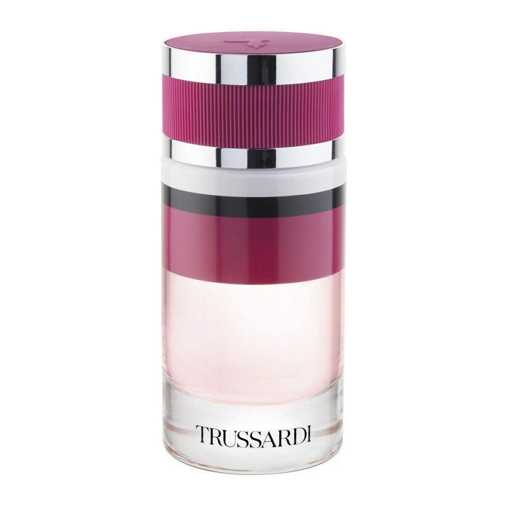 Trussardi Ruby Red EdP Flakon, zylindrisch, mit roten und weißen Streifen, silbernem Deckel.