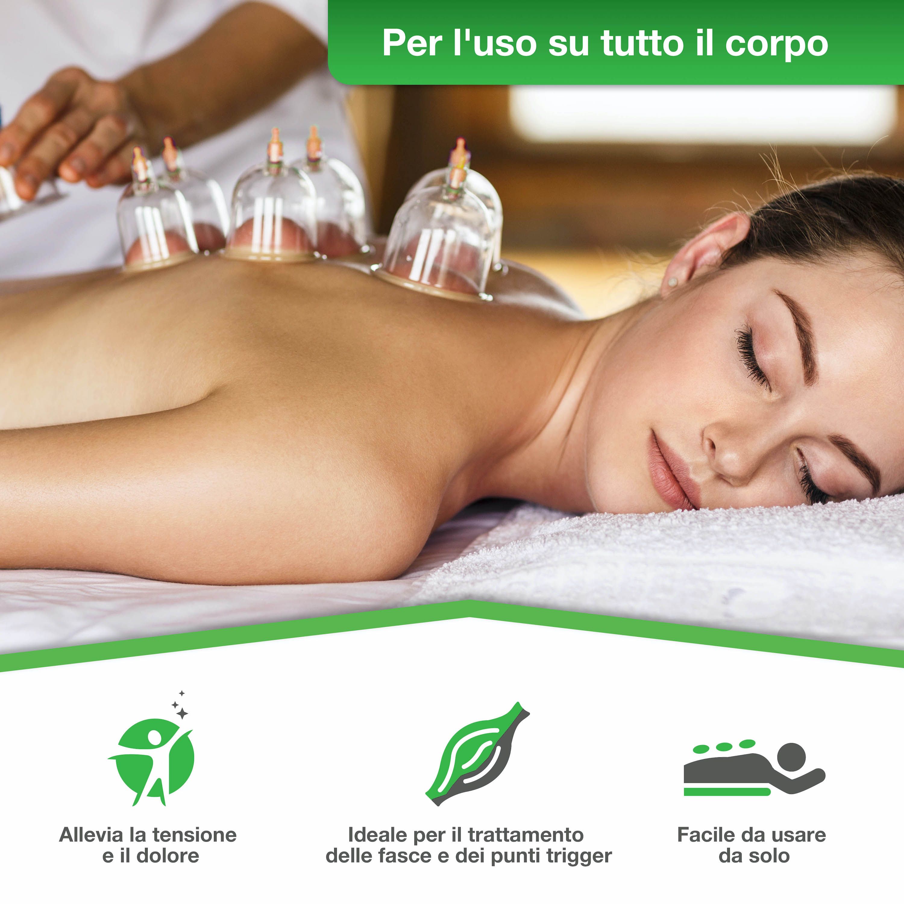 Persona con coppette sulla schiena. Testo: Per l'uso su tutto il corpo. Icone: tensioni, fasce, applicazione.