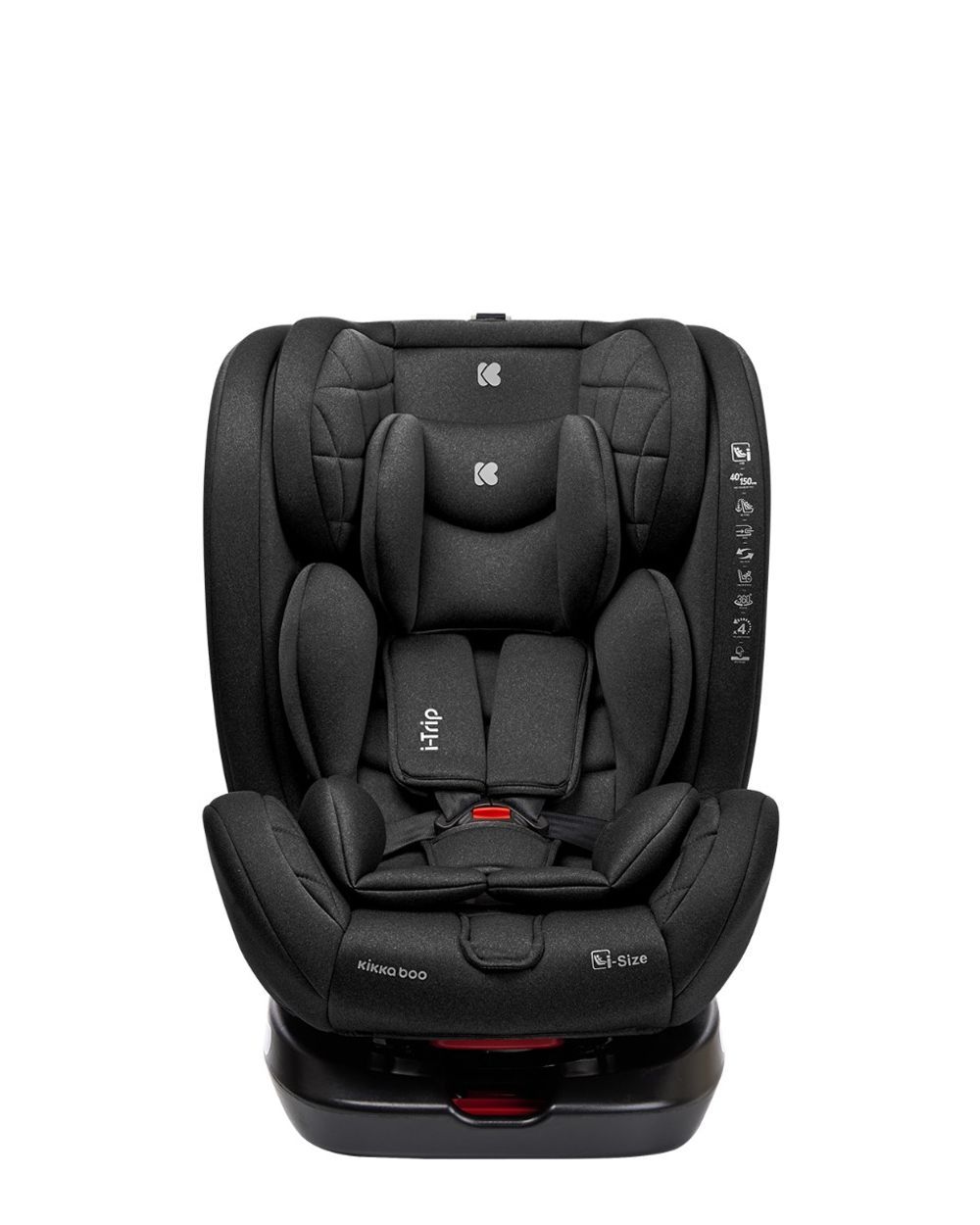 Kindersitz in Schwarz, Seitenansicht mit Hinweissymbolen und gelben ISOFIX-Haken.