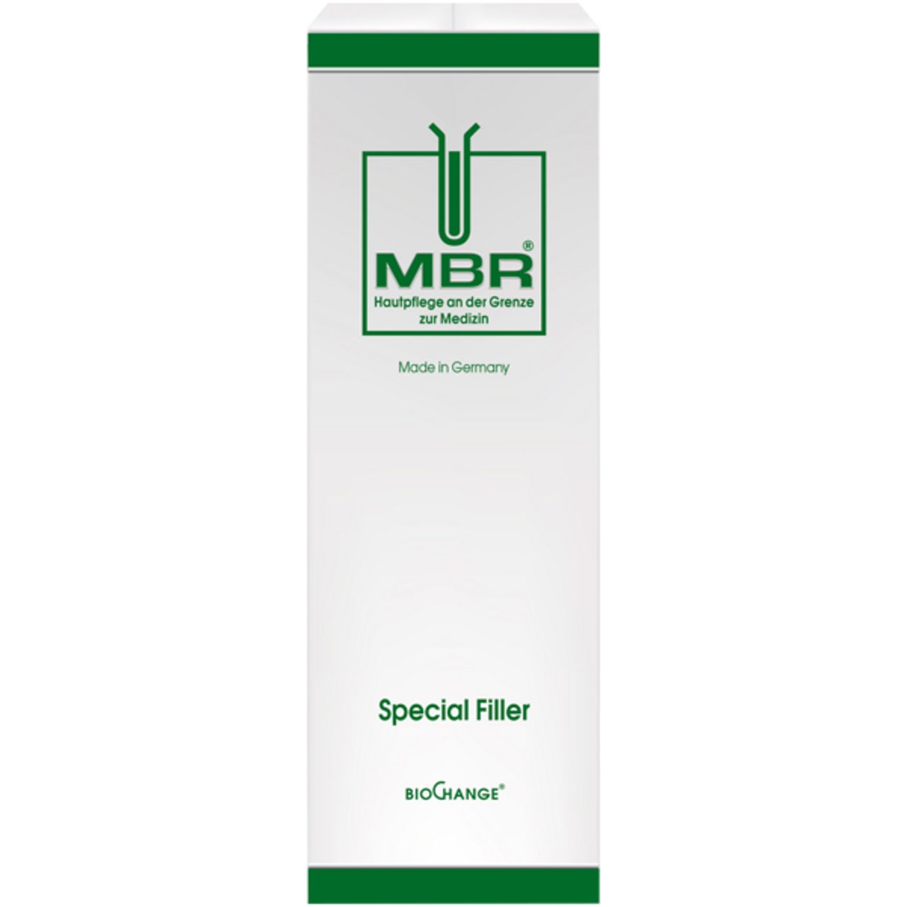 Weiße Verpackung mit grünem Logo und Schriftzug MBR, darunter "Special Filler" und "BioChange".