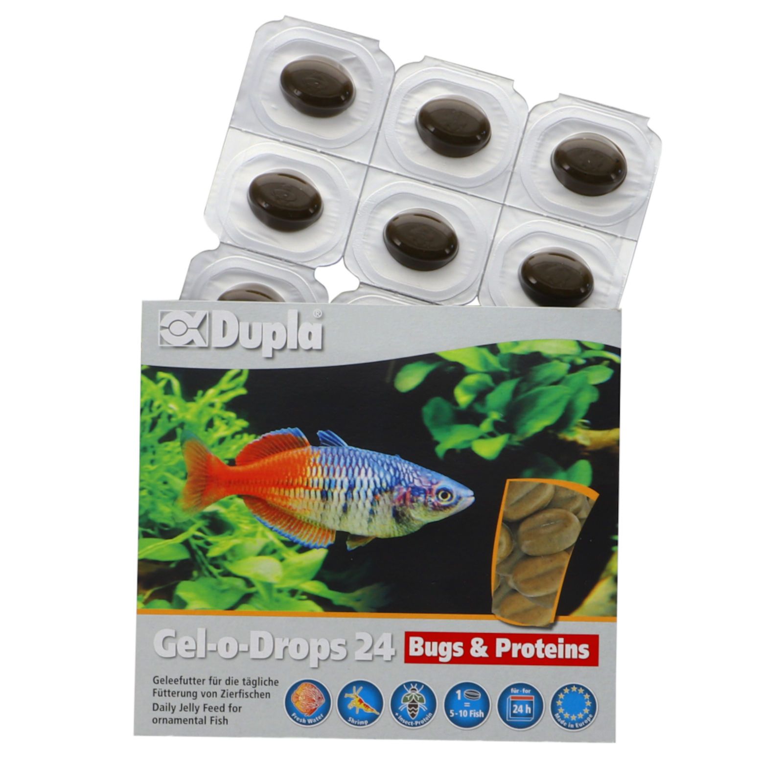 Dupla Gel-o-Drops 24 Bugs & Proteins Verpackung mit geöffneter Blisterpackung. Sichtbar sind Tabletten. Text: Gel-o-Drops 24 Bugs & Proteins.