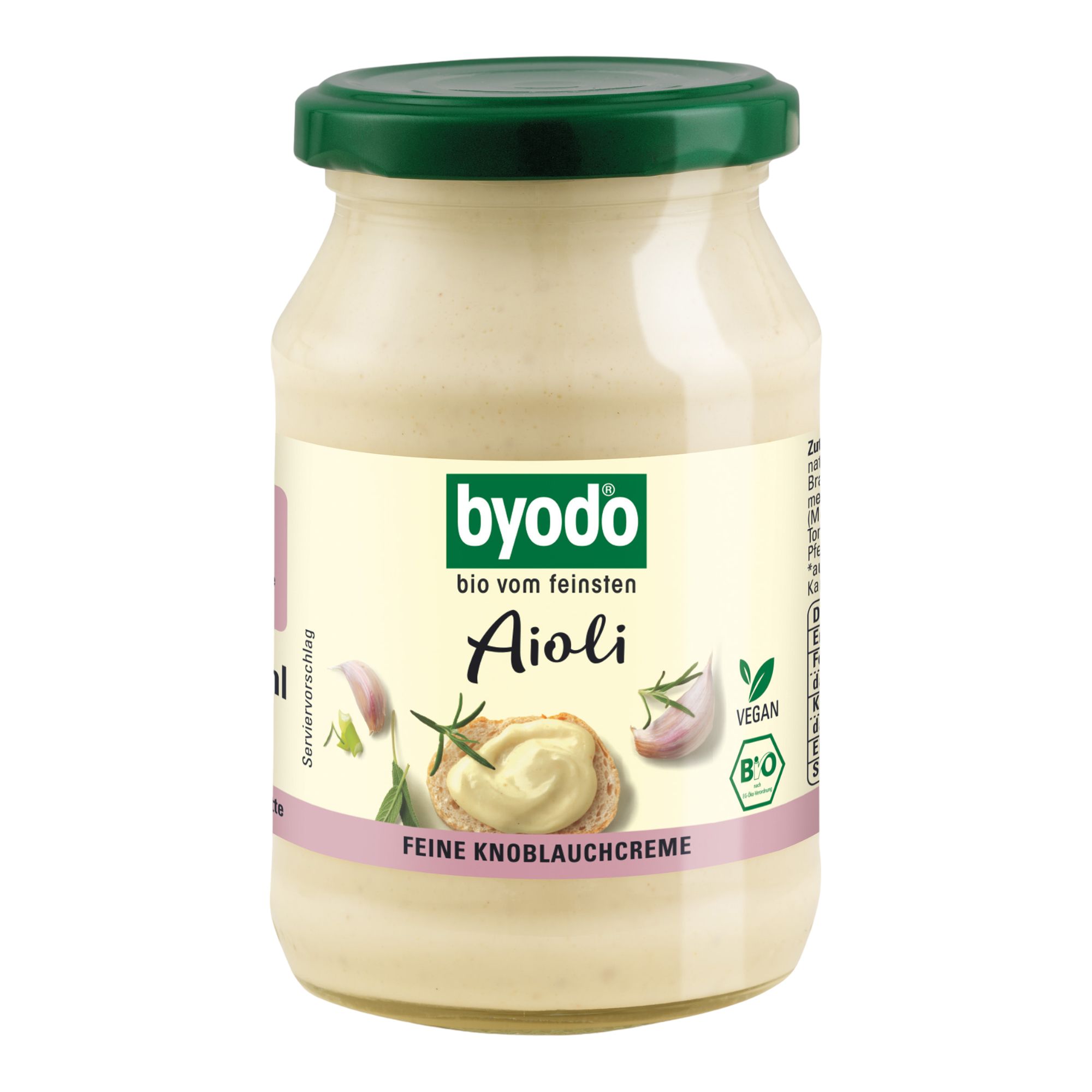 Bio Aioli in einem Glas mit grünem Deckel. Etikett zeigt "byodo", "Aioli", "Feine Knoblauchcreme", "Vegan" und "Bio".