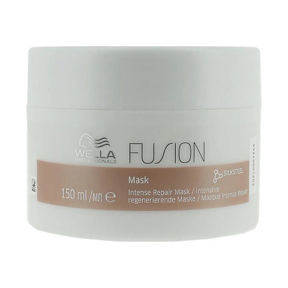 Weißer Tiegel mit Aufschrift FUSION Maske. Enthält 150 ml. Aufschrift Silksteel.