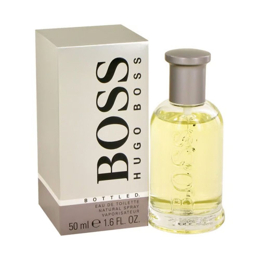 Flakon und Verpackung von Hugo Boss Bottled Eau de Toilette Spray. Aufschrift: BOSS, Hugo Boss, Bottled, 50 ml.