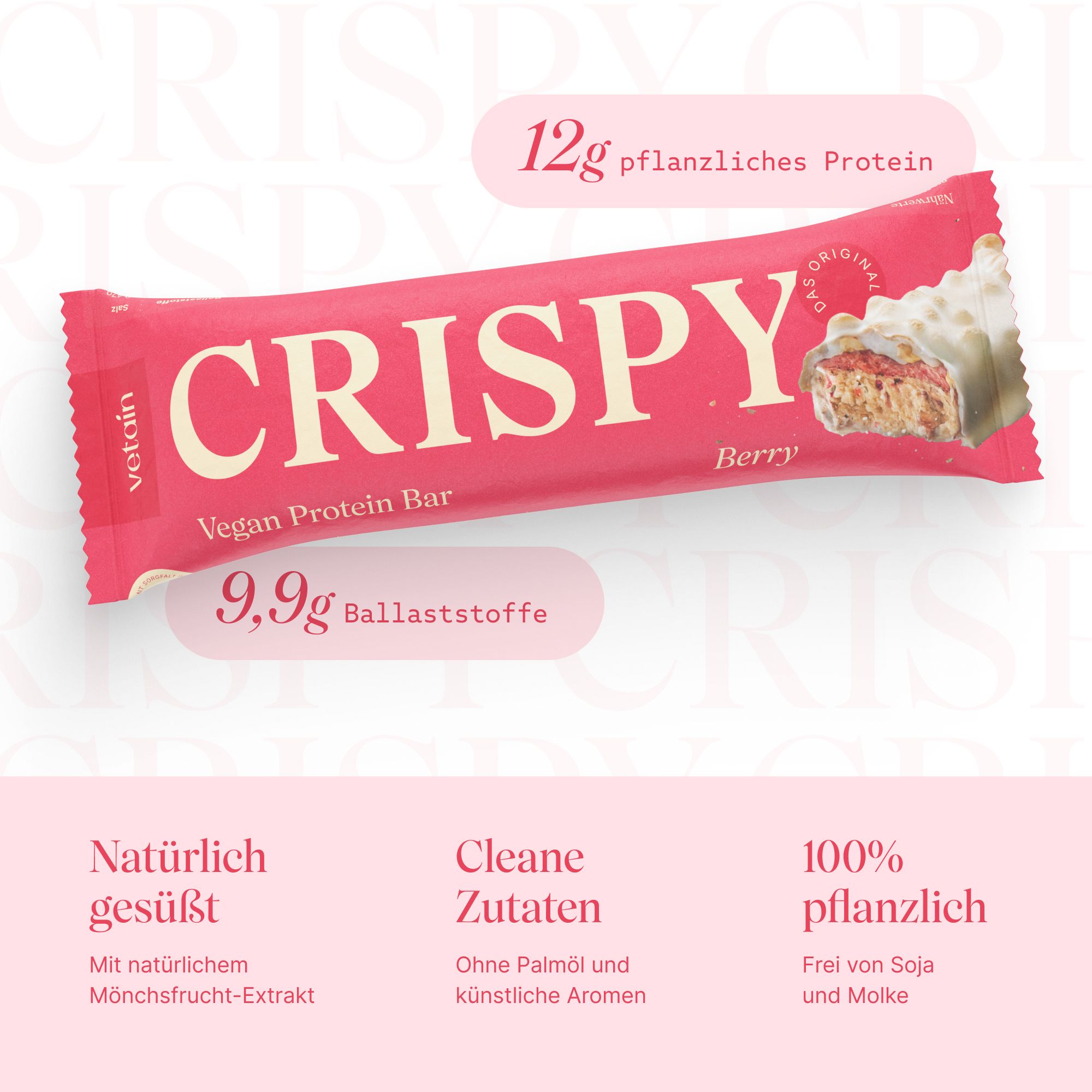 Proteinriegel mit Aufschrift "CRISPY".  12g pflanzliches Protein, 9,9g Ballaststoffe.  Natürlich gesüßt, ohne künstliche Aromen.