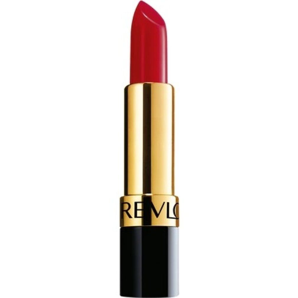 Roter Lippenstift mit goldener Hülse und schwarzem Boden. Marke: Revlon.