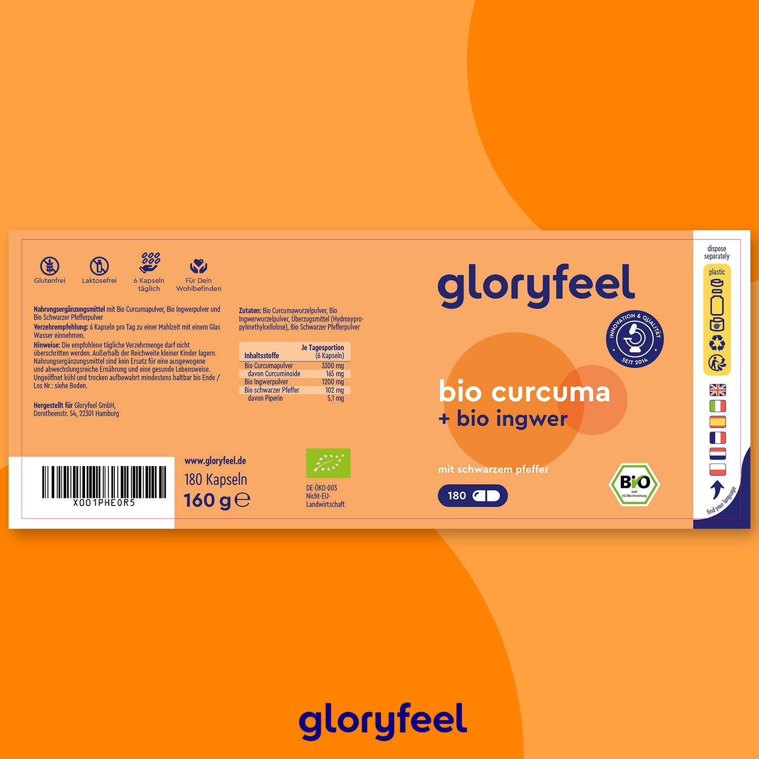 Verpackung mit Produktinformationen. Aufschrift: Bio Curcuma + Bio Ingwer. 180 Kapseln. Bio-Siegel. Informationen in Deutsch.