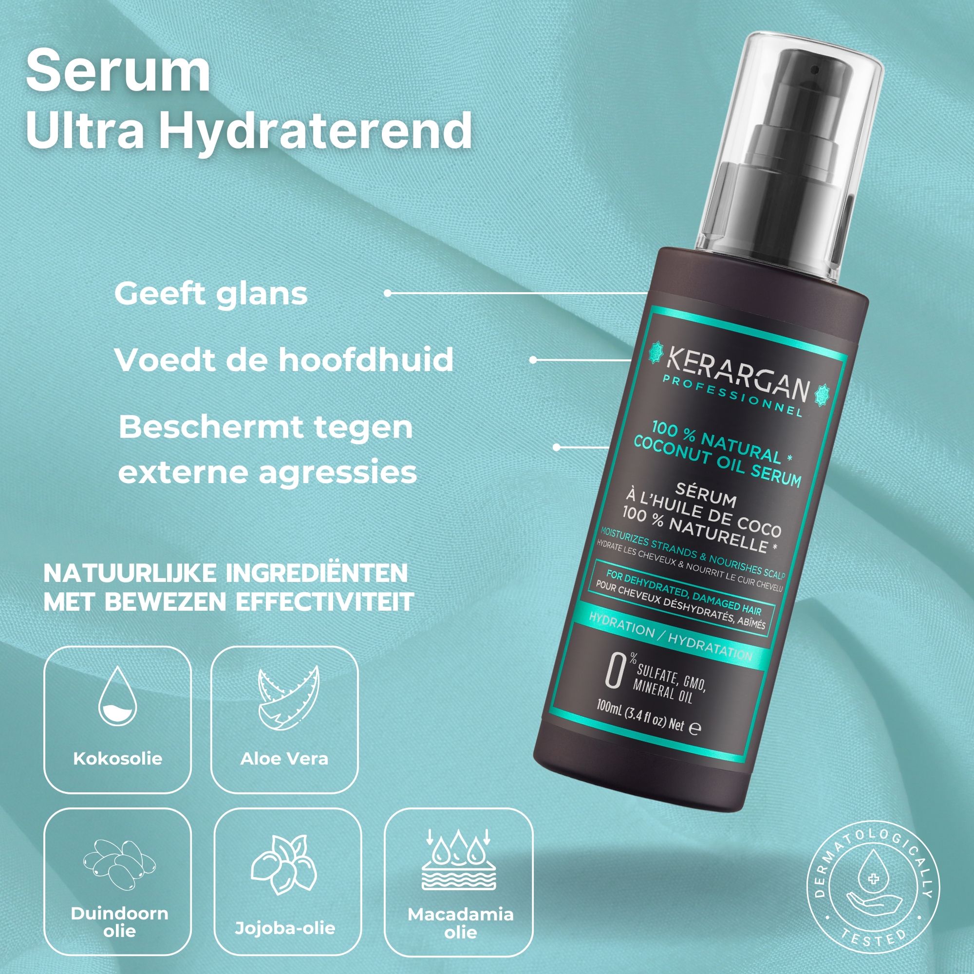 Kerargan Serum. Zwarte fles met spraykop en groen etiket. Tekst: 100% Natural Coconut Oil Serum. Dermatologisch getest.