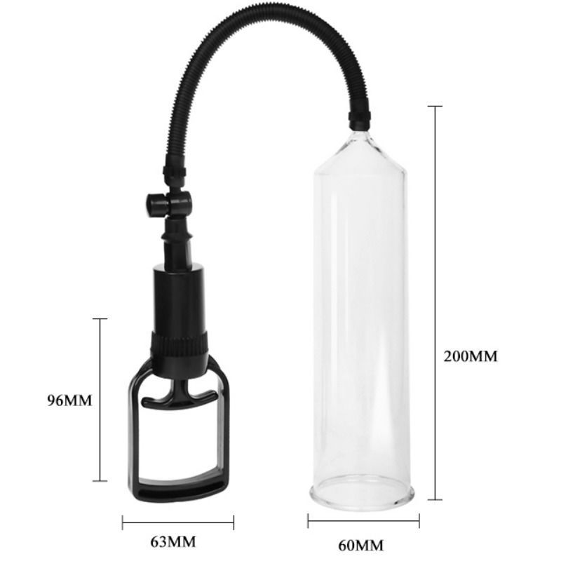 Transparente Penispumpe mit schwarzem Kolbengriff und Schlauch. Abmessungen: 200mm x 60mm.