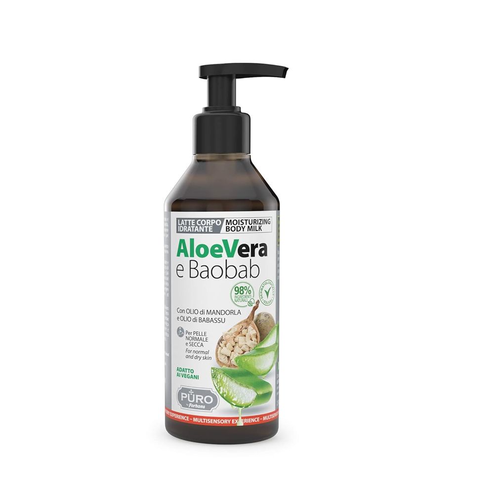 Braune Flasche mit schwarzem Pumpkopf. Aufschrift: Aloe Vera e Baobab. Enthält Mandorla und Babassu-Öl. Für normale und trockene Haut.