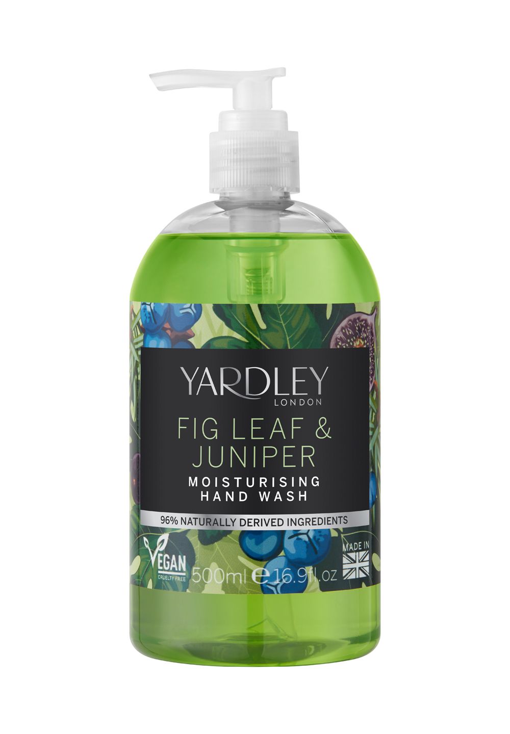 Grüne Flüssigseife mit Pumpverschluss. Aufschrift: Yardley London Fig Leaf & Juniper Hand Wash, vegan.