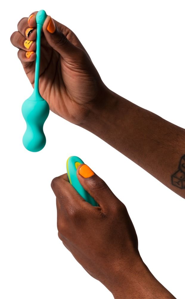 Türkisfarbener Vibrator mit abgerundetem Ende und einem separaten, rechteckigen Controller.
