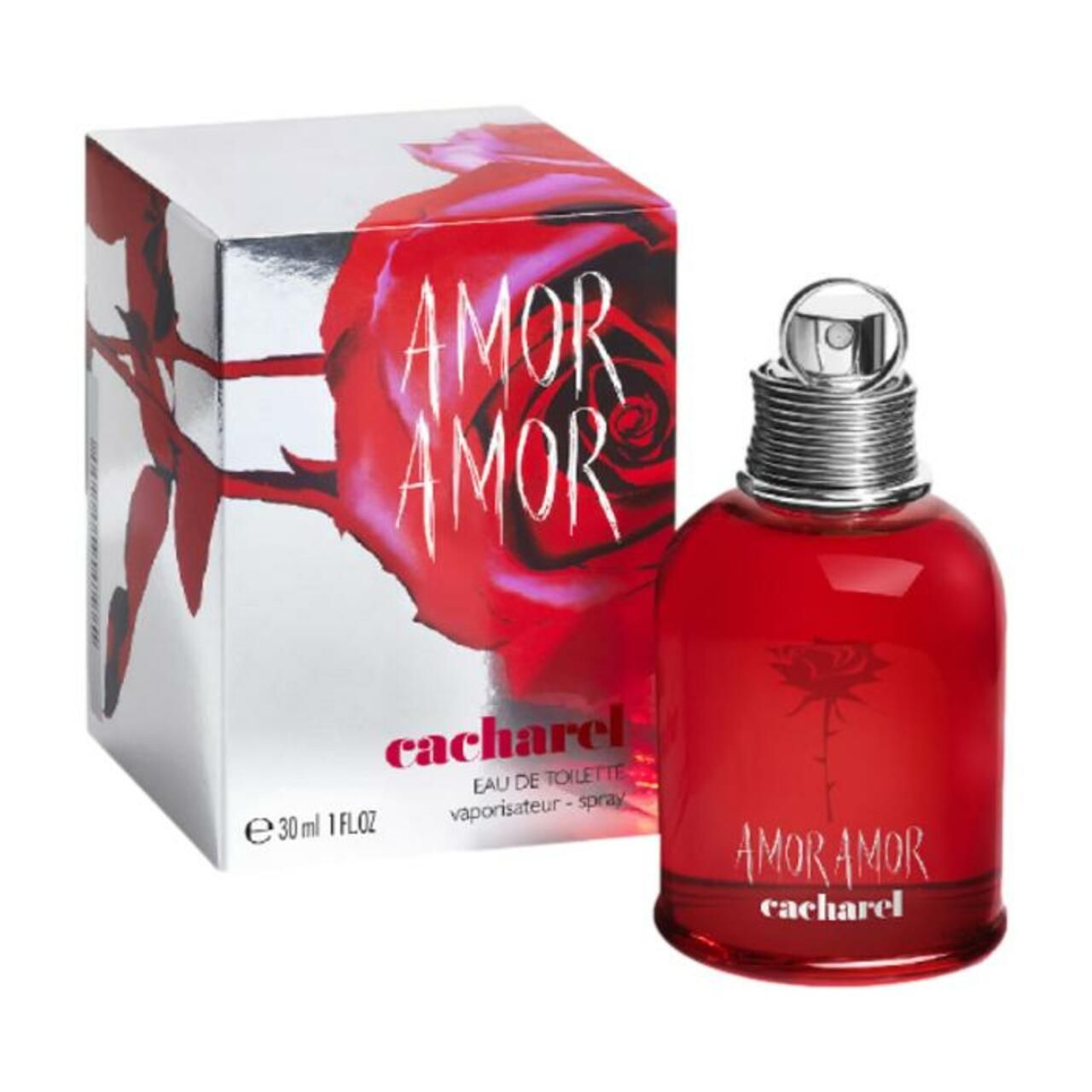 Roter Flakon und Verpackung. Aufschrift: AMOR AMOR, cacharel. Rose-Grafik. 30 ml.
