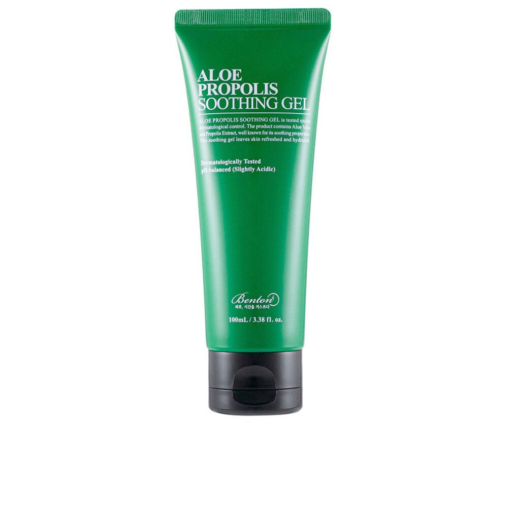 Grüne Tube mit schwarzem Deckel. Aufschrift: Aloe Propolis Soothing Gel. Marke: Benton. Text in Weiß. 100ml.