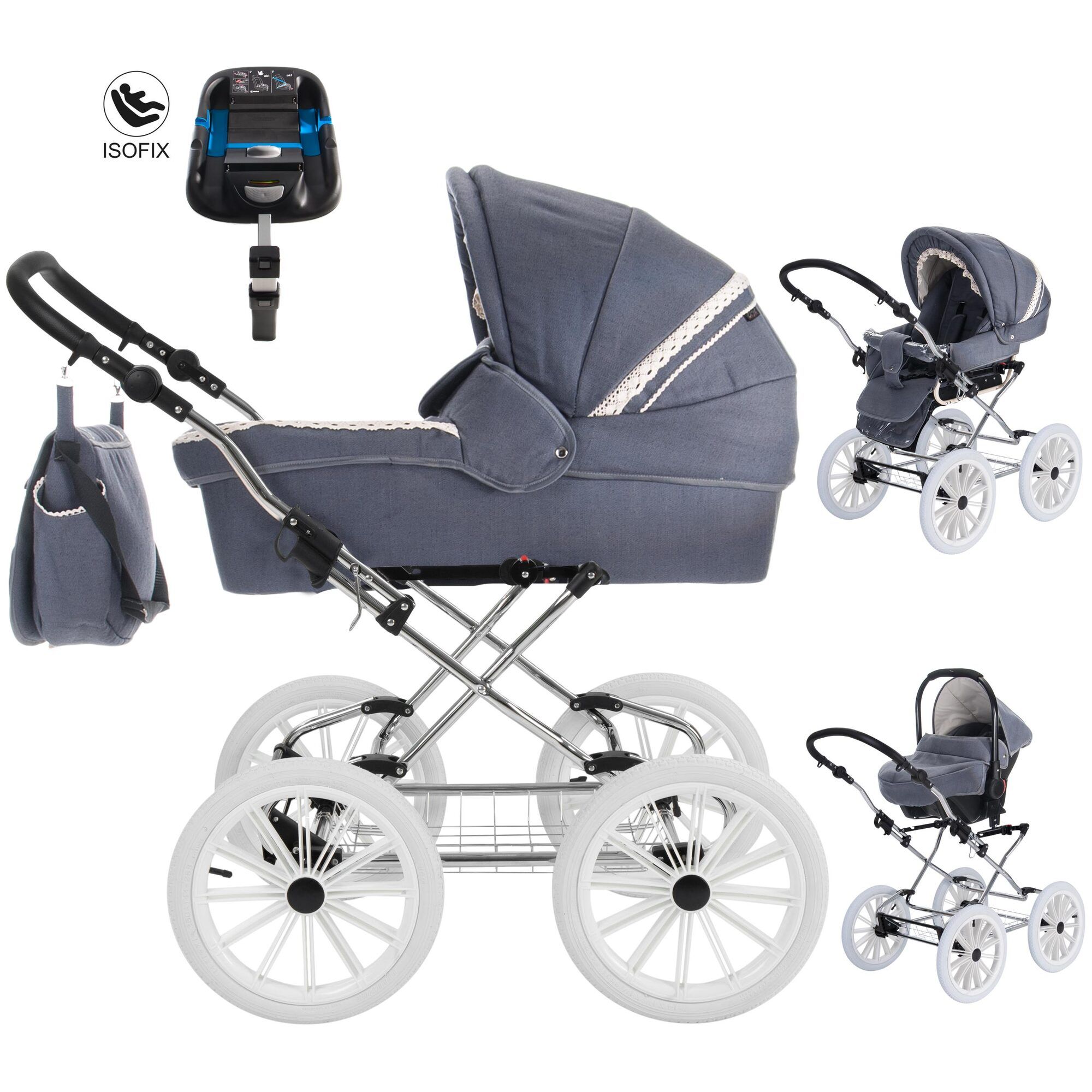 Kinderwagen mit blauem Stoff, weißem Spitzenbesatz, silbernem Gestell und weißen Rädern. Inklusive Babyschale und ISOFIX-Adapter.