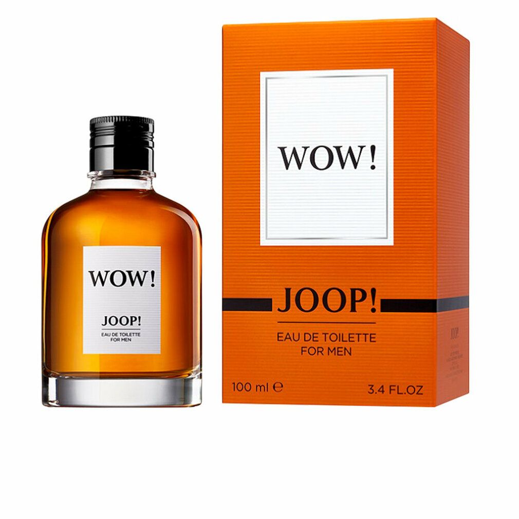 Joop! Wow Eau de Toilette Flakon und Verpackung. Orangefarbene Schachtel mit "WOW!" und "JOOP!". Flakon mit schwarzem Verschluss.