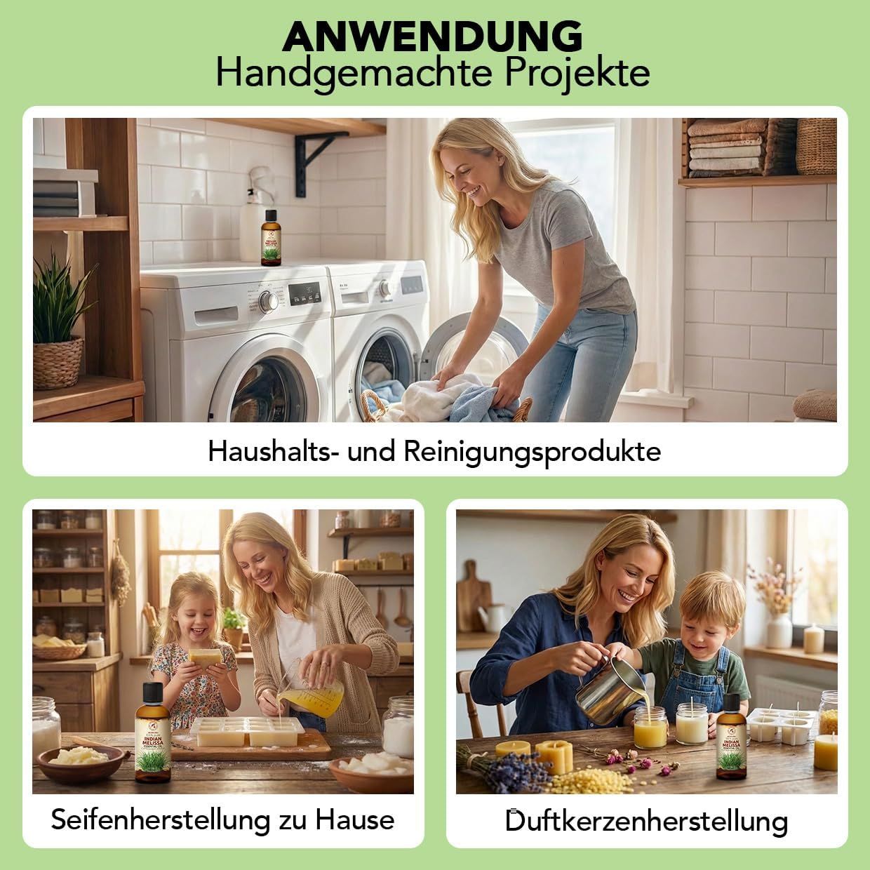 Braune Glasflasche mit 100ml indischem Melissenöl, umgeben von hohem Gras.