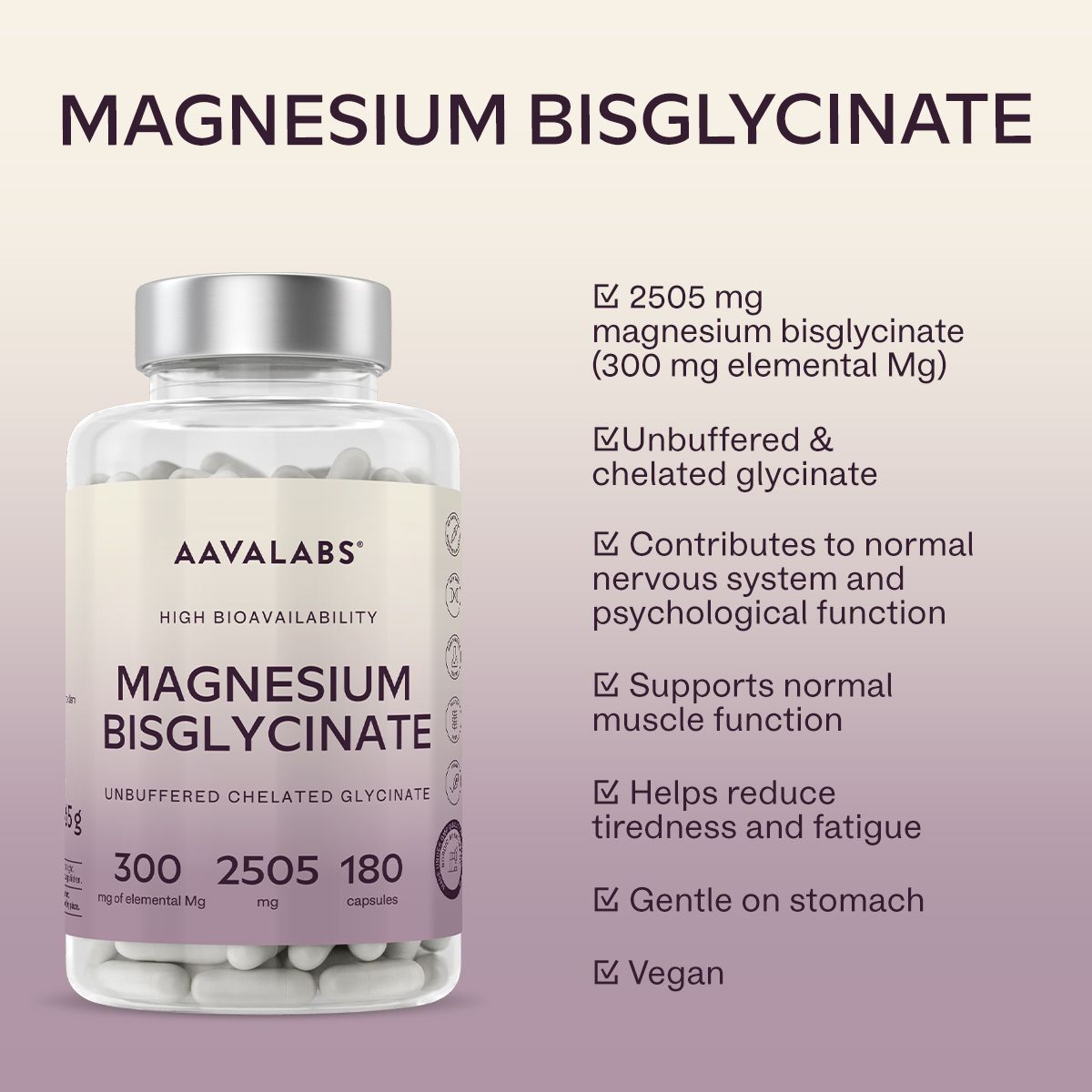 Flasche mit Kapseln und Text. Aufschrift: Magnesium Bisglycinat. 2505 mg Magnesium. Vegan. Reduziert Müdigkeit.