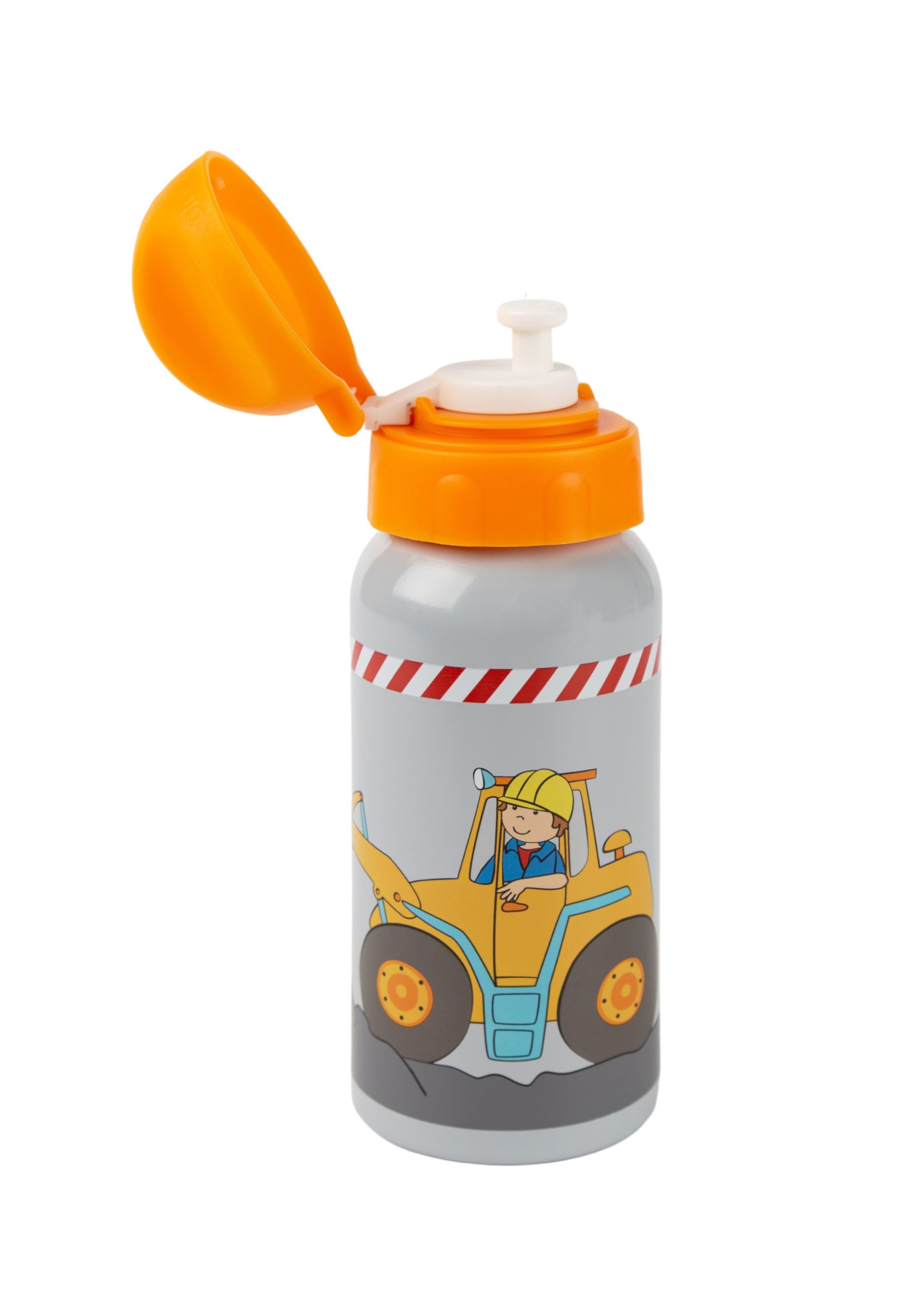 Graue Trinkflasche mit orangefarbenem Deckel. Aufdruck: gelber Bagger mit Fahrer. Roter Warnstreifen. Deckel geöffnet.