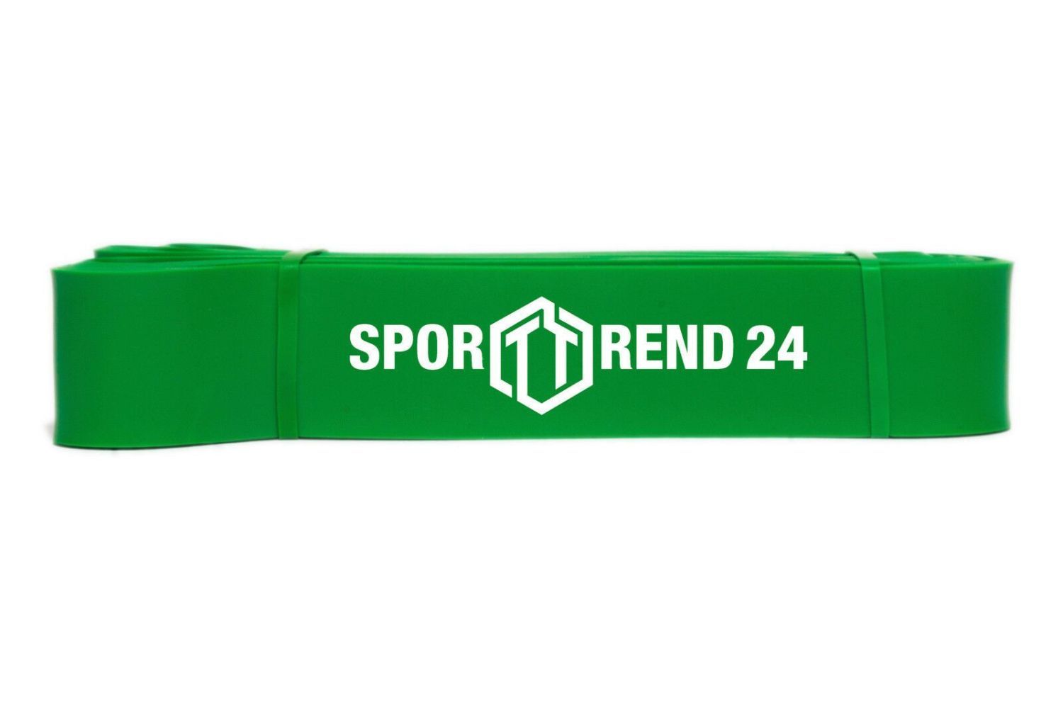 Grünes Fitnessband von Sporttrend24. Aufgedrucktes Logo. Aufgerollt.