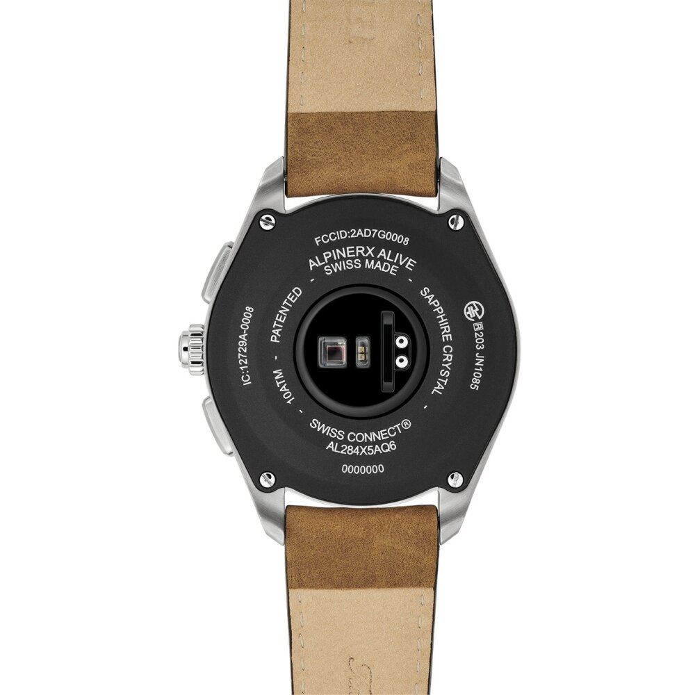Rückseite der Uhr mit braunem Lederarmband. Schwarze Rückseite mit Sensoren, Text und Logo.