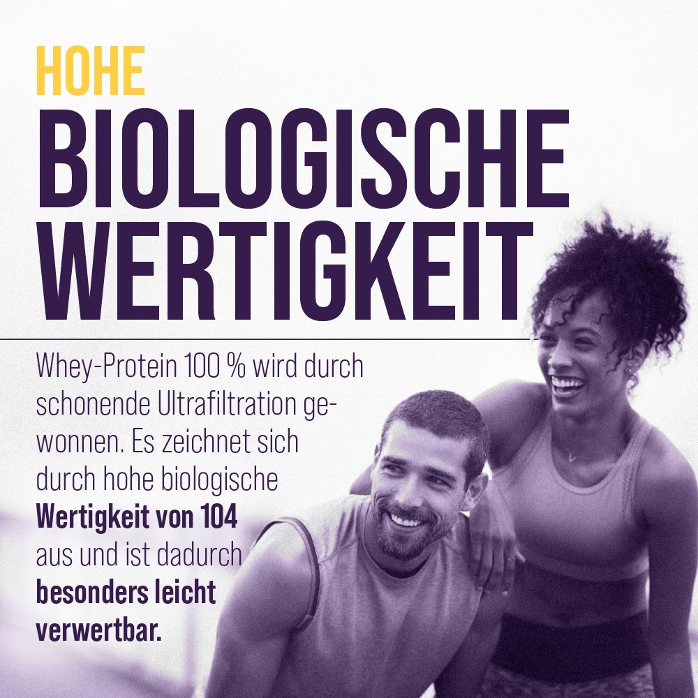 Paar. Text: Hohe biologische Wertigkeit. Whey-Protein 100% durch Ultrafiltration gewonnen. Wertigkeit von 104.