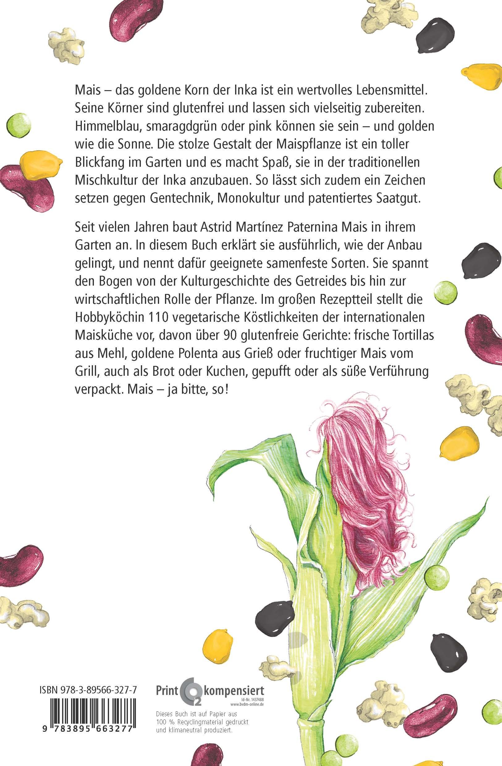 Buchrückseite: Mais - das goldene Korn. Text und Illustration von Maiskolben. ISBN und Verlagslogo sichtbar.