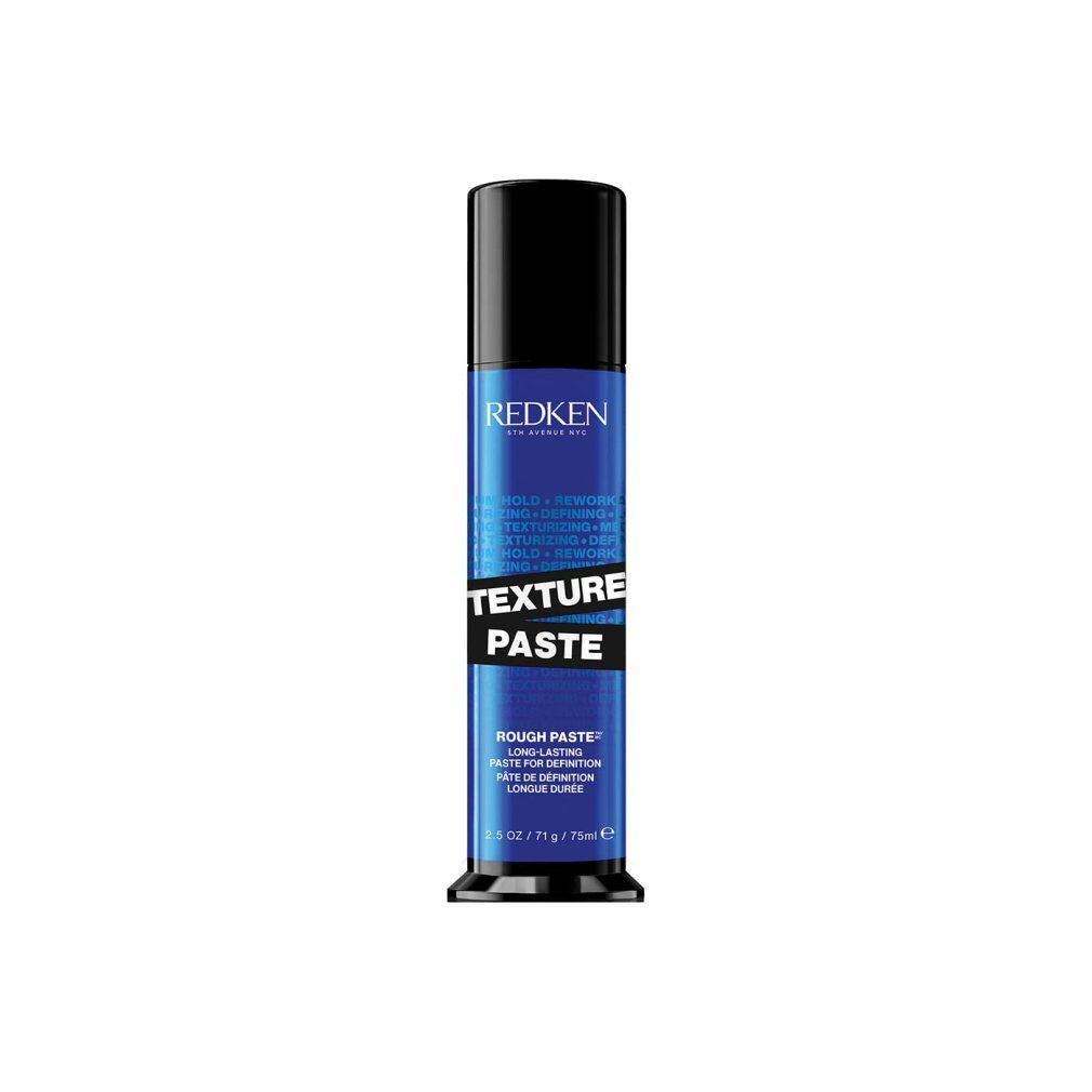 Zylindrische Tube mit schwarzem Deckel. Aufschrift: REDKEN, TEXTURE PASTE. Blaue und weiße Schrift. 75 ml.