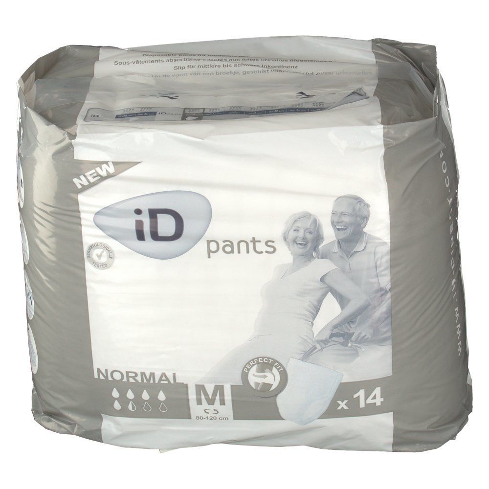 iD Pants Normal Gr. M Verpackung. Graue Verpackung mit Produktname, Größe M, Tropfensymbolen und Abbildung von Senioren. Enthält 14 Stück.