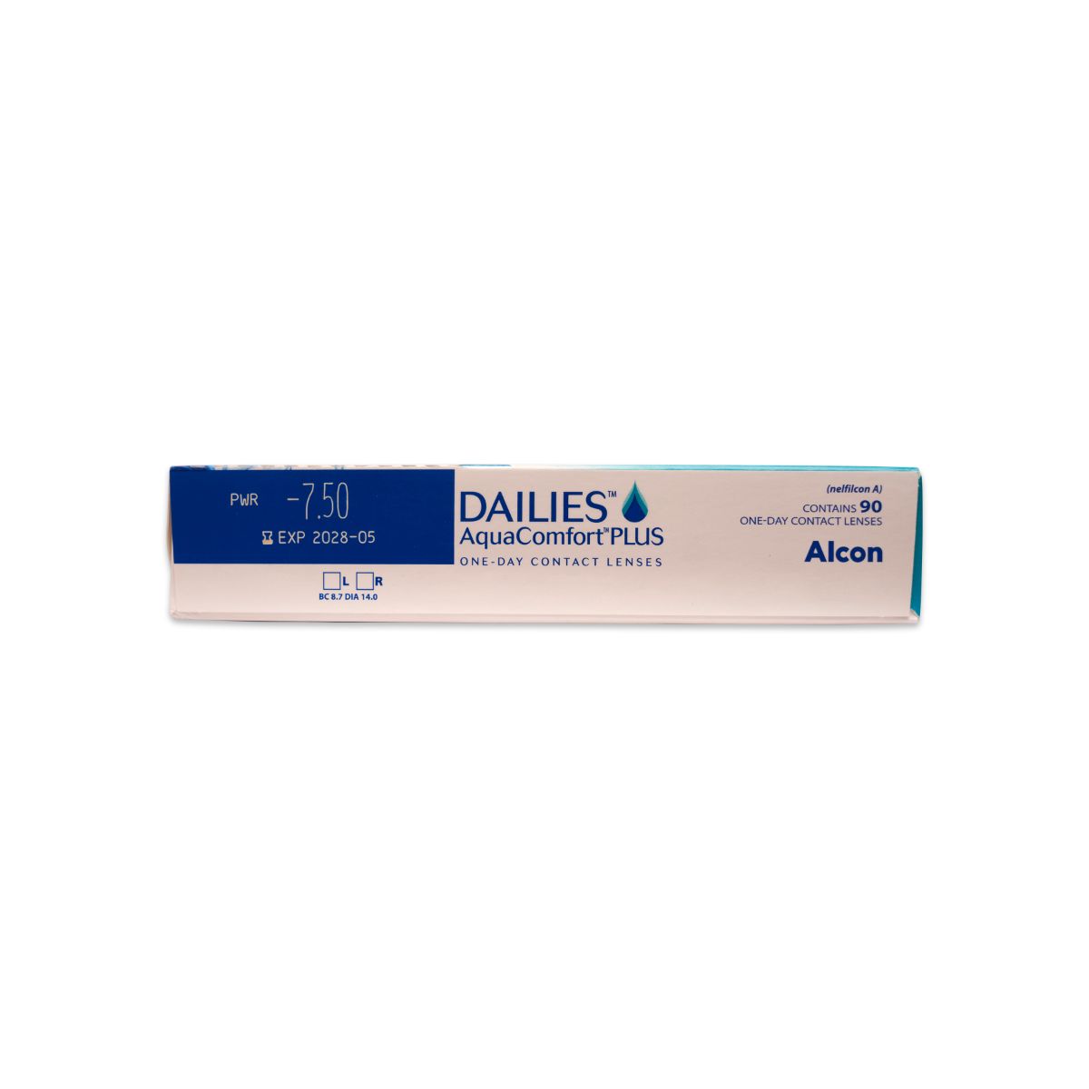 Dailies AquaComfort Plus Kontaktlinsen-Packung. Blaue Verpackung mit Produktnamen, Stärke -7.50 und 90 Linsen. Alcon-Logo.