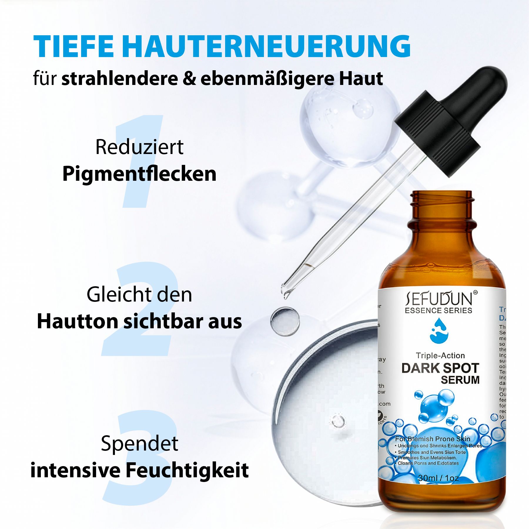 Braune Glasflasche mit Pipette, gefüllt mit hellem Serum. Beschriftung: 'SEFUDUN Triple-Action DARK SPOT SERUM'.