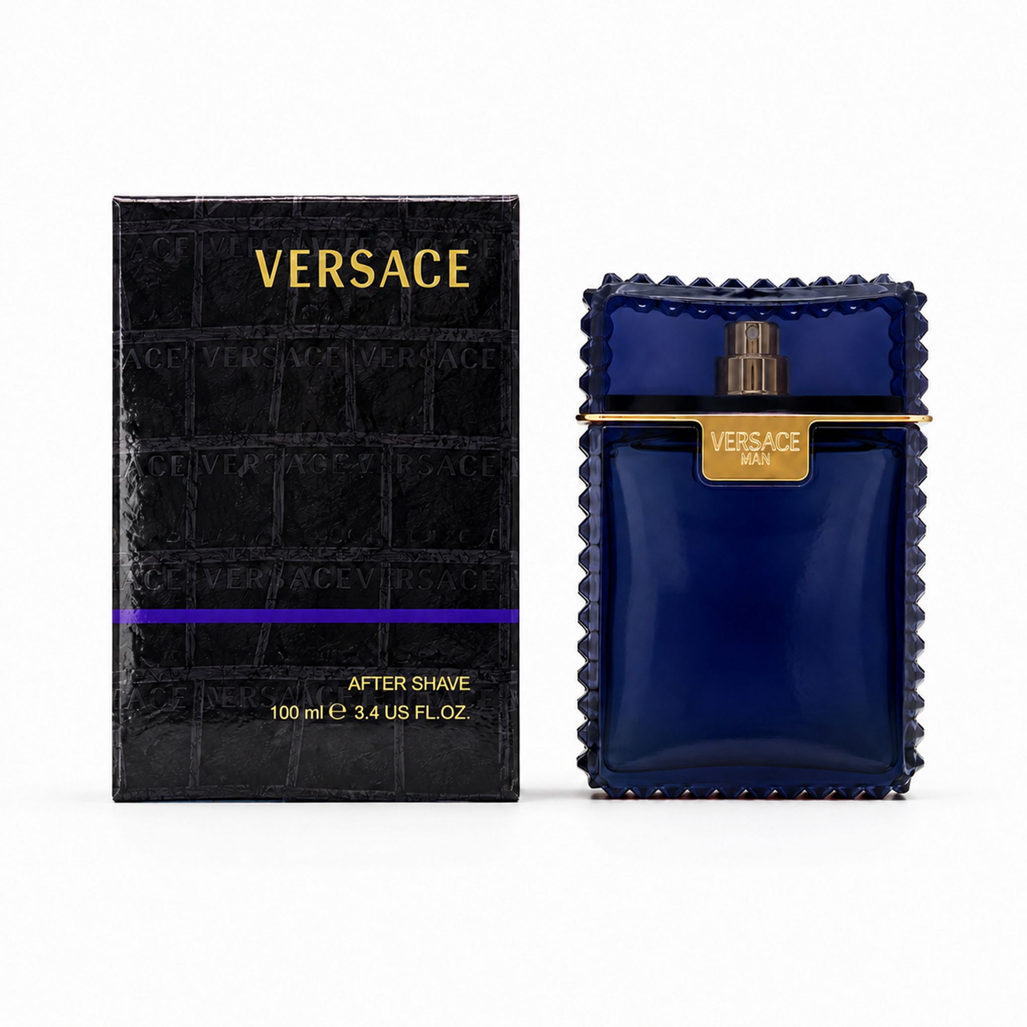 Versace Man After Shave Lotion Verpackung und Flakon in Dunkelblau mit goldenen Akzenten.