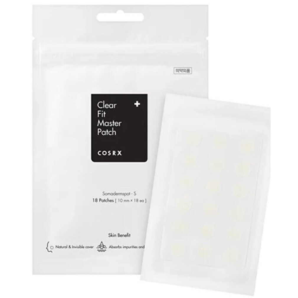 Verpackung und Packung mit COSRX Clear Fit Master Patch. 18 Patches. Transparente Patches auf einer Folie. Schwarzes Feld mit weißer Schrift.